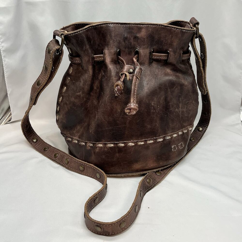 Bed Stu Leather Malibu Drawstring Bucket Bag Rustic Brown Purse Crossbody
